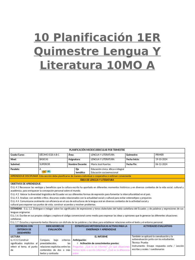 Planificación Lengua y Literatura 10mo A | PDF | Ensayos | Dialecto