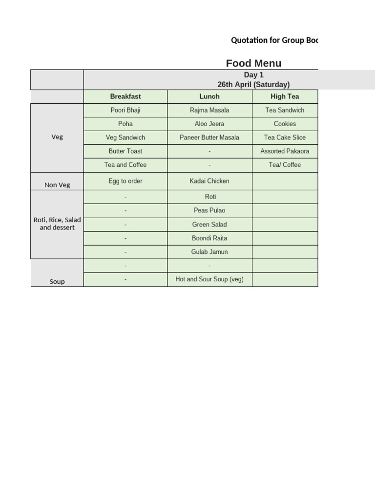 Group Booking Food Menu Quotation | PDF