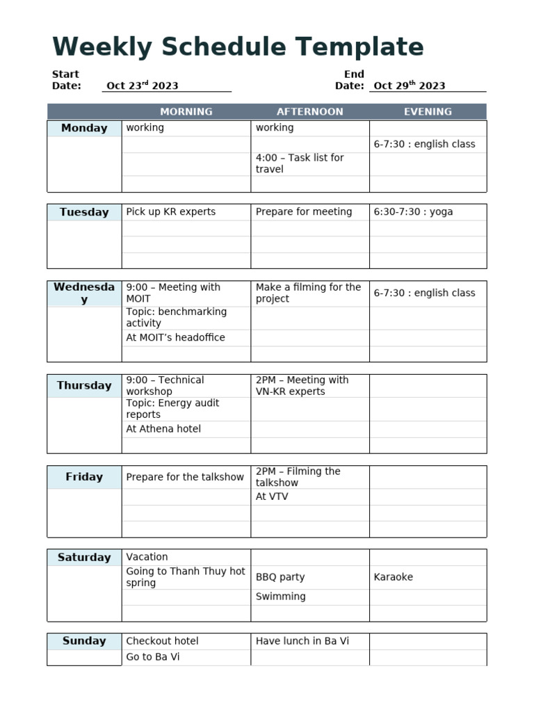 Weekly Schedule Template for Oct 2023 | PDF