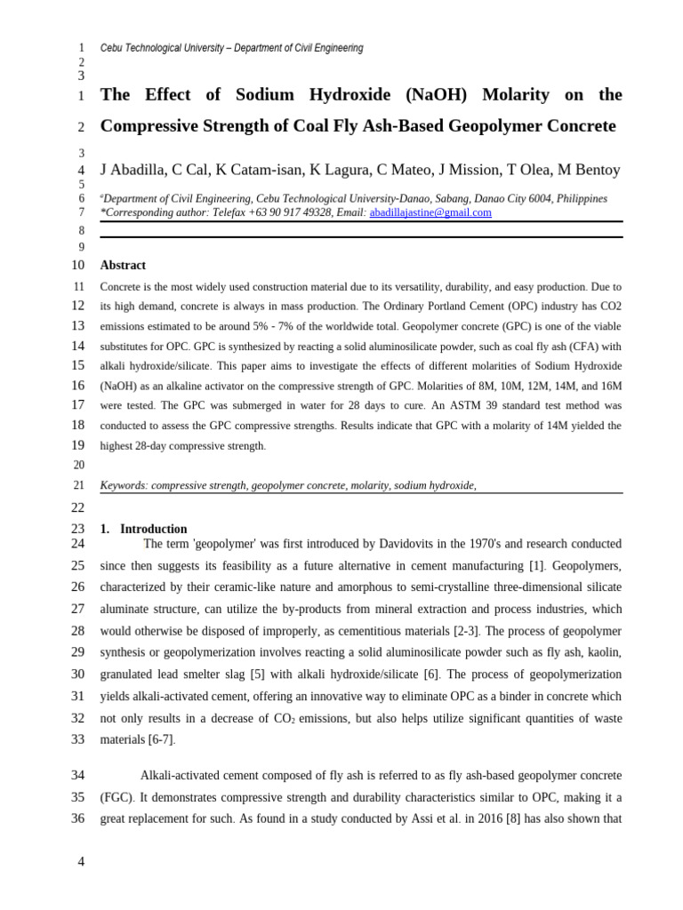 NaOH Molarity Effects on Geopolymer Concrete | PDF | Concrete | Sodium ...