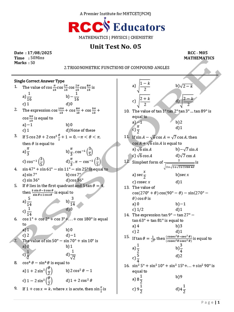 Trigonometric Functions Test Solutions | PDF | Trigonometry | Triangle ...