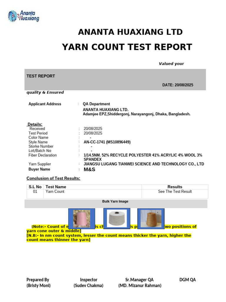 Yarn Count Test Report for AN-CC-1741 | PDF | Yarn | Textile Arts