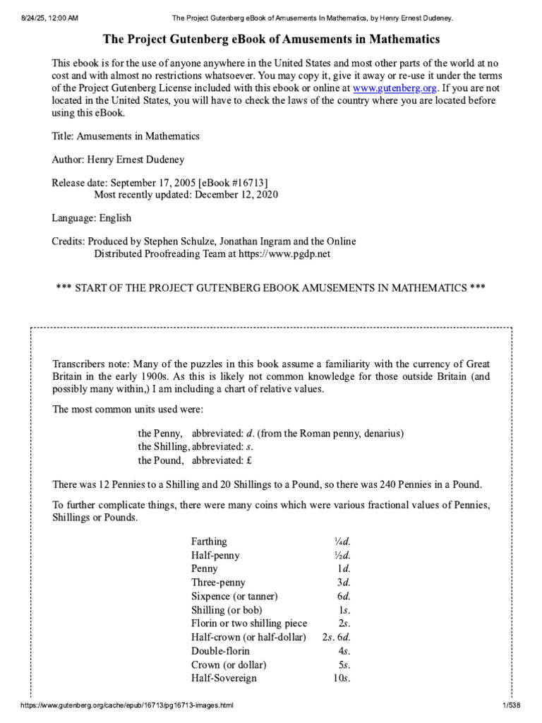The Project Gutenberg Ebook of Amusemen... Mathematics, by Henry Ernest ...