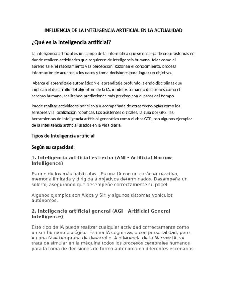 Influencia de La Inteligencia Artificial en La Actualidad | PDF ...