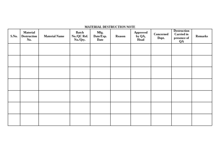 Material Destruction Record Template | PDF