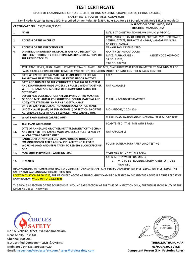 Gantry Crane Inspection Certificate | PDF | Crane (Machine)