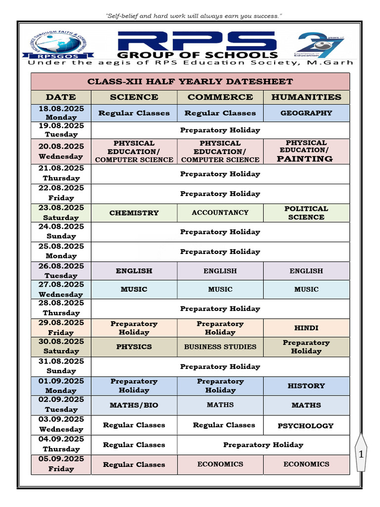 Class XII Half Yearly Datesheet 2025 | PDF