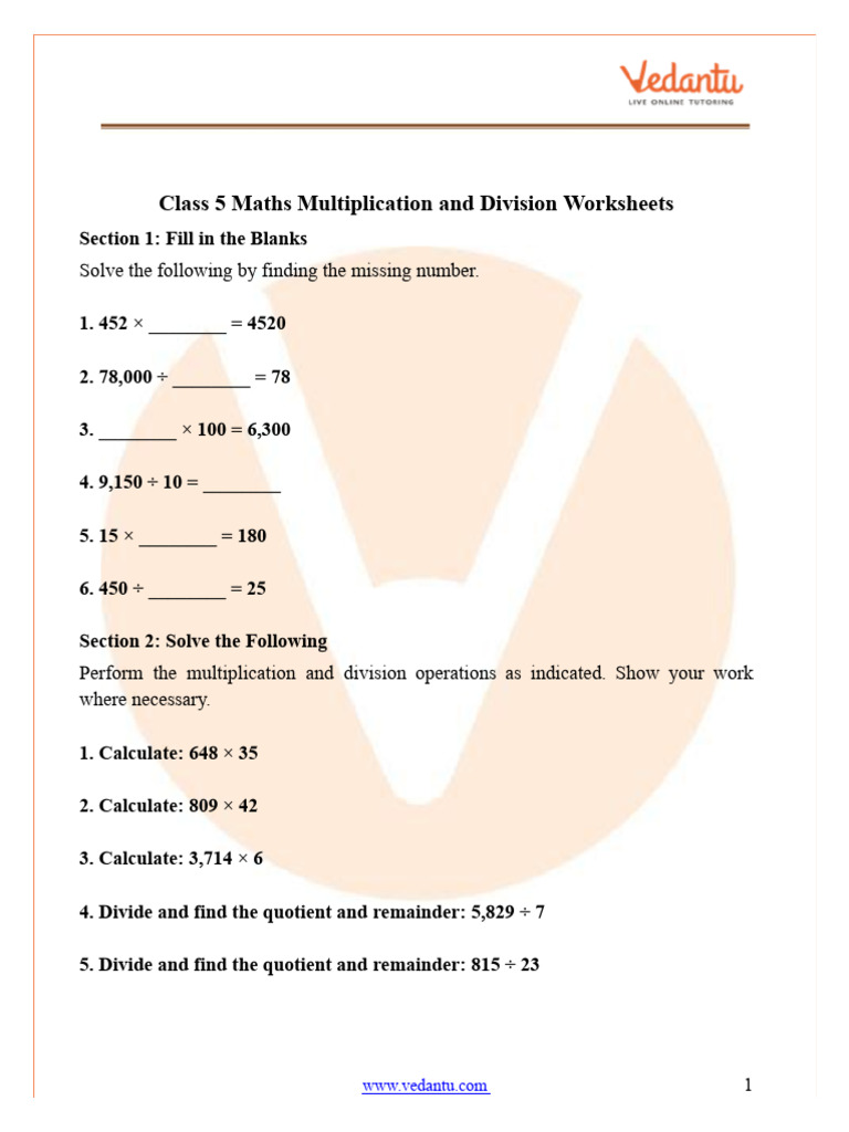 Class 5 Multiplication & Division Worksheets | PDF | Multiplication ...