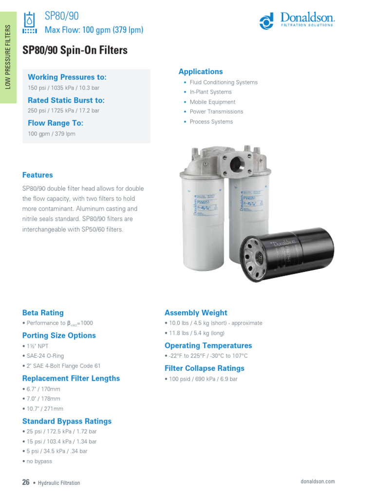 SP80/90 Low Pressure Hydraulic Filters | PDF | Mechanical Engineering ...