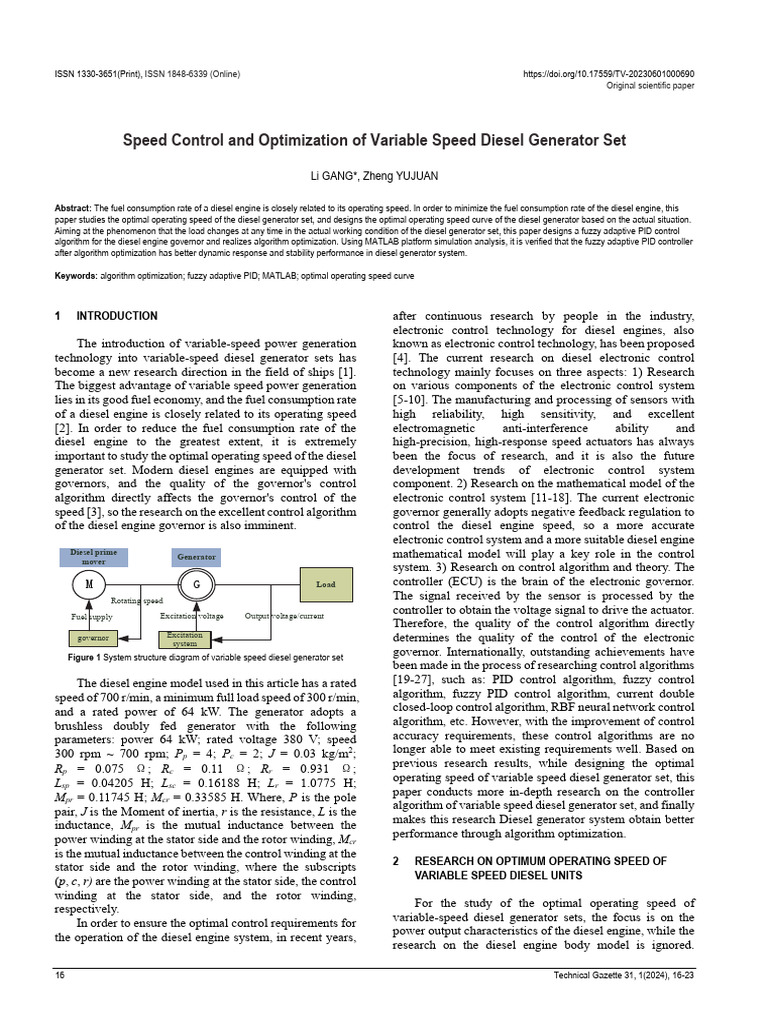 Diesel Generator Speed Optimization Study | PDF | Control Theory ...
