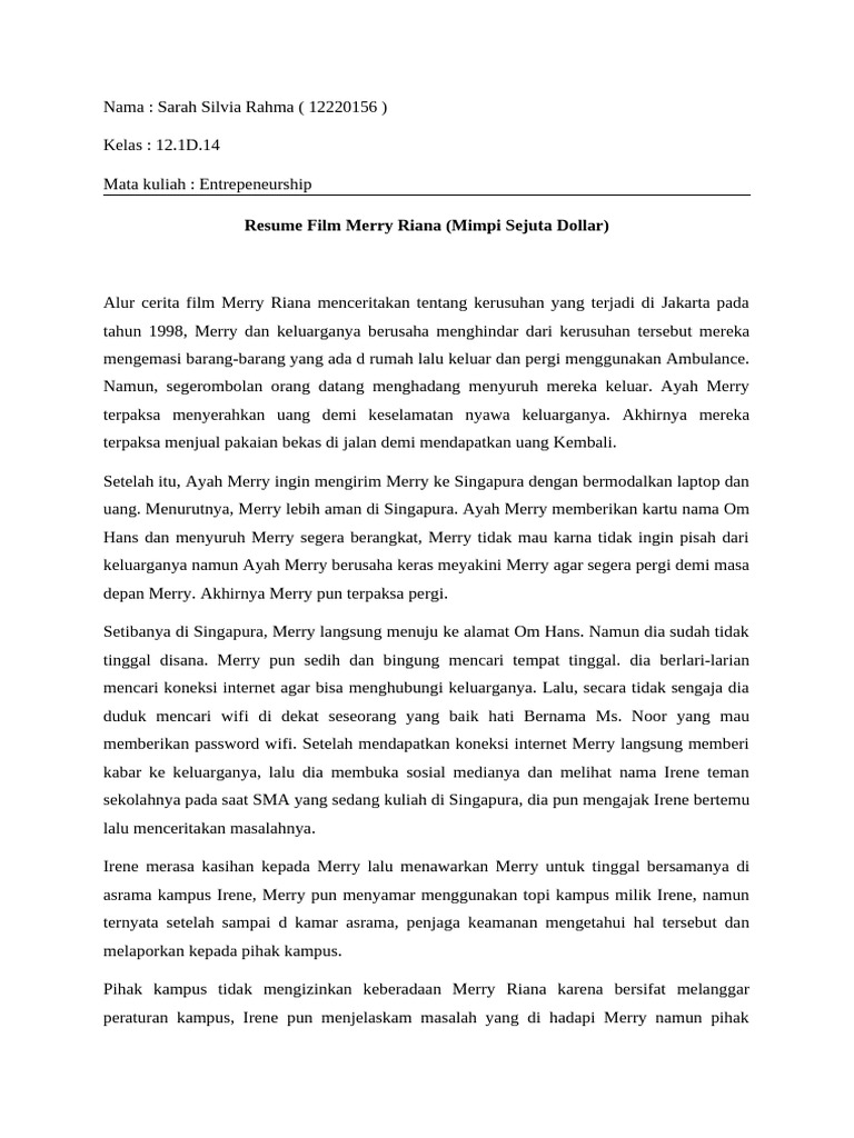 Resume Film Merry Riana: Mimpi Sejuta Dollar | PDF