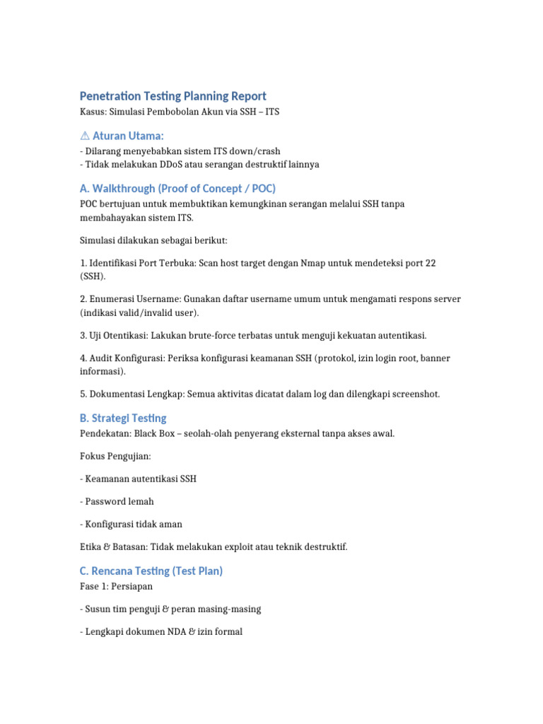 Penetration Testing Plan SSH ITS | PDF