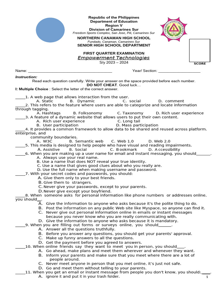 Empowerment Technologies Exam Guide | PDF | World Wide Web | Internet & Web