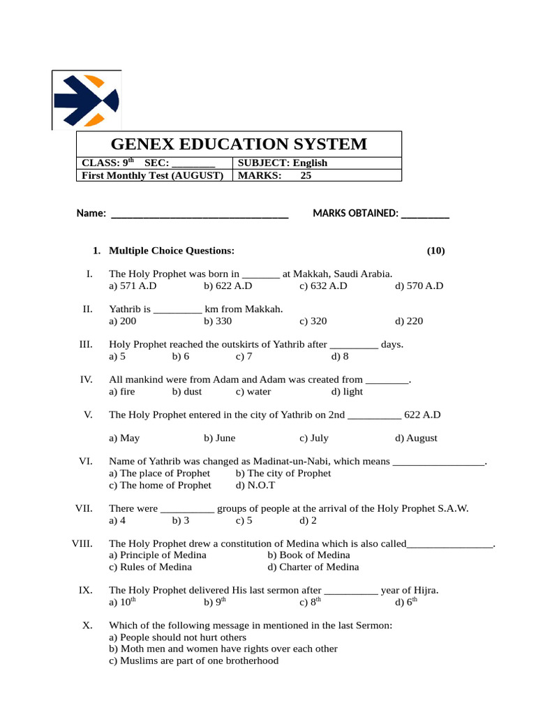 9th Grade English Monthly Test - August | PDF