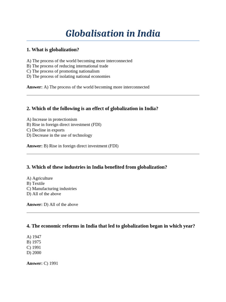 Impact of Globalization on India | PDF | Globalization | Foreign Direct ...