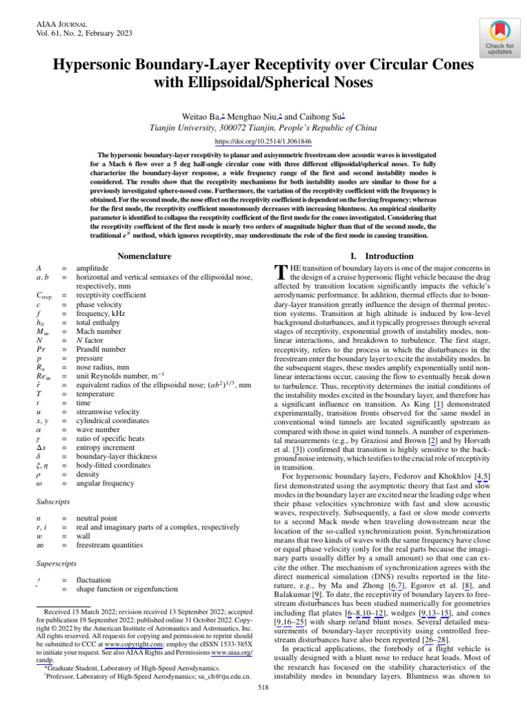 Ba Et Al 2022 Hypersonic Boundary Layer Receptivity Over Circular Cones ...