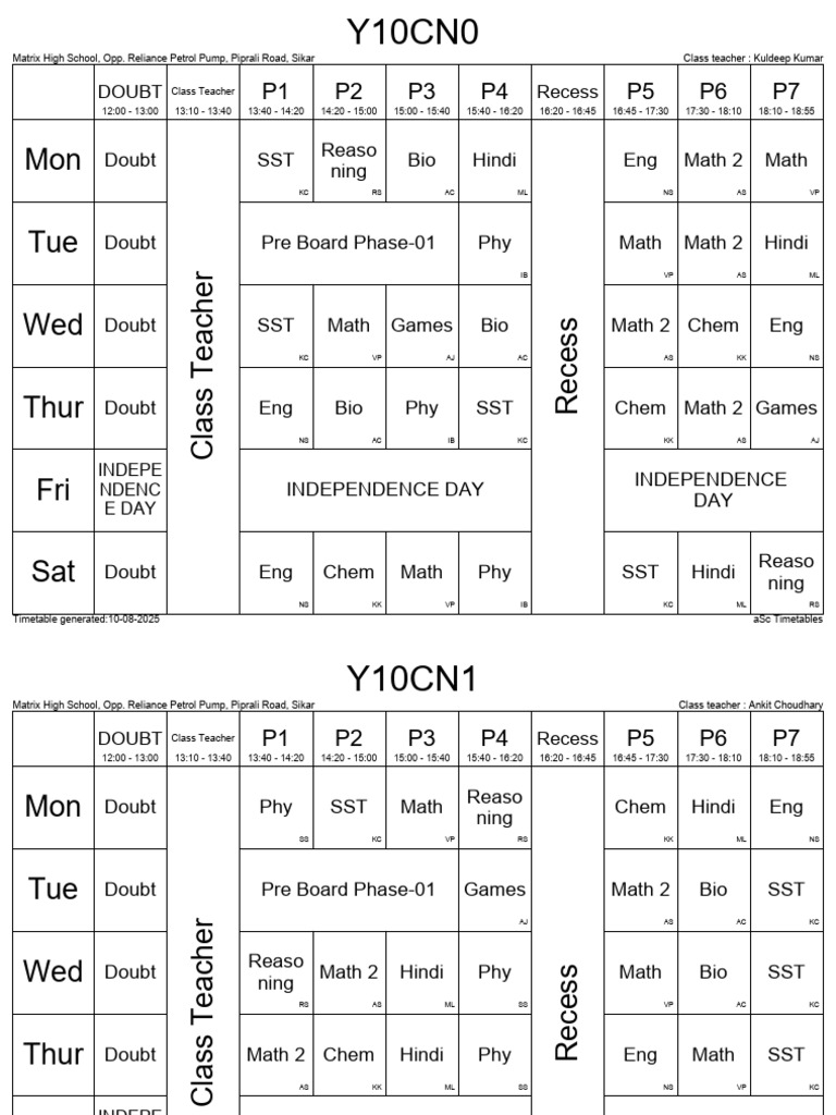 Matrix High School Class Timetable | PDF