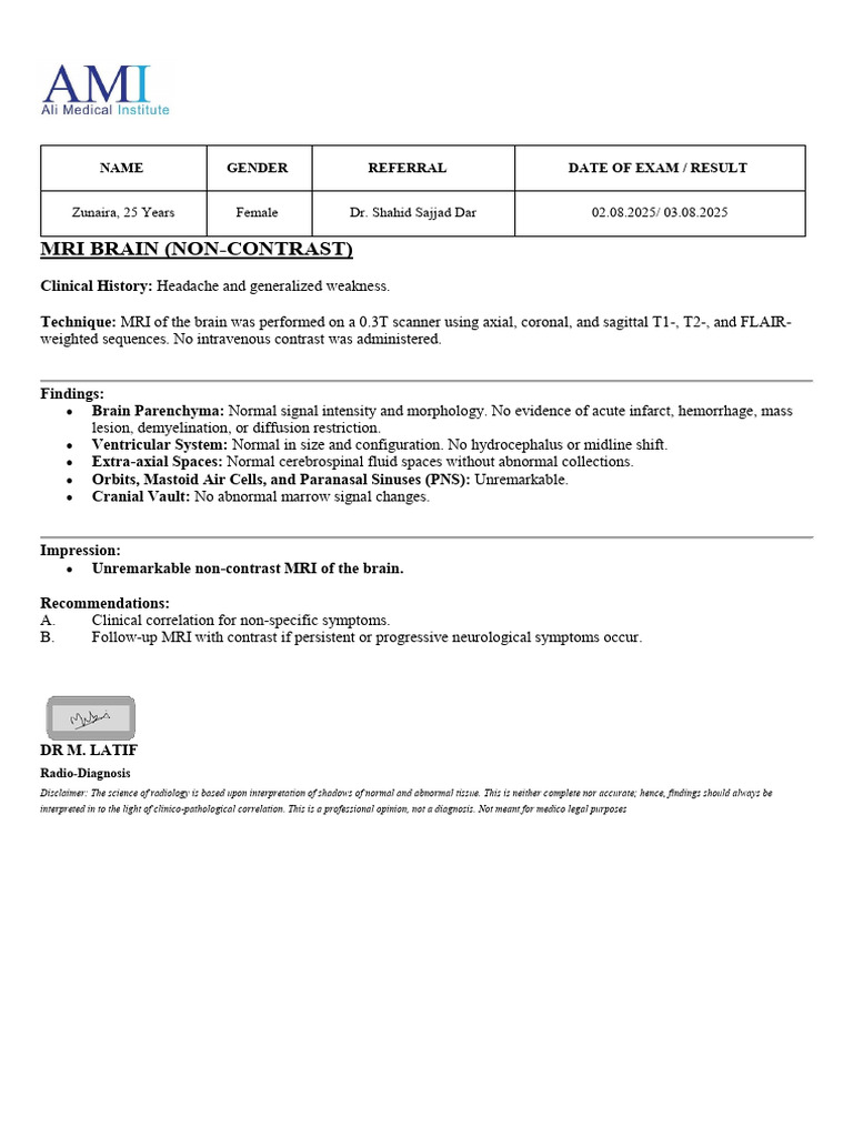 Non-Contrast MRI Brain Report Summary | PDF