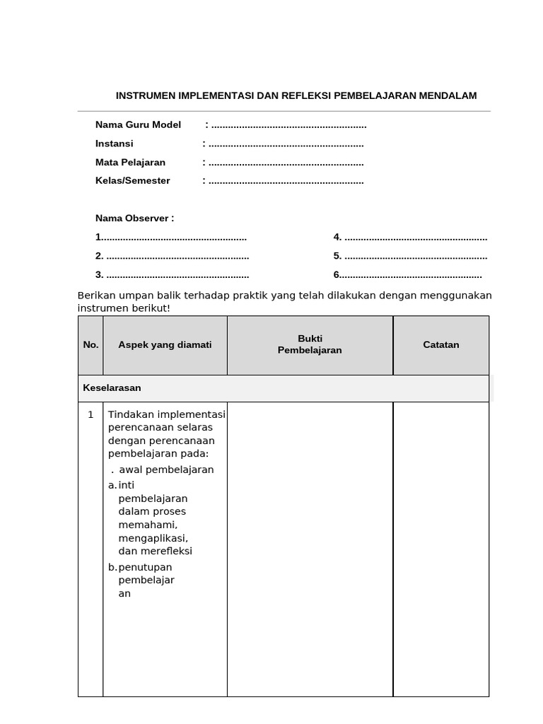 Instrumen Observasi Pembelajaran Mendalam | PDF