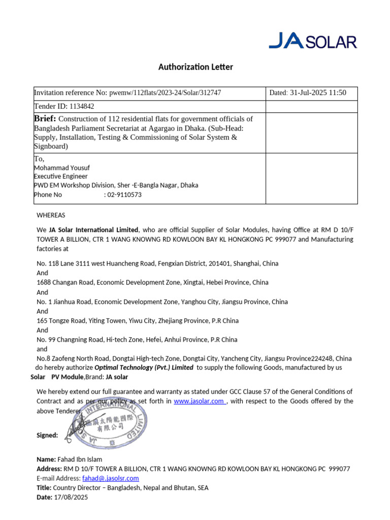 Picture of Authorization Panel JA Solar Otex Power LTD | PDF