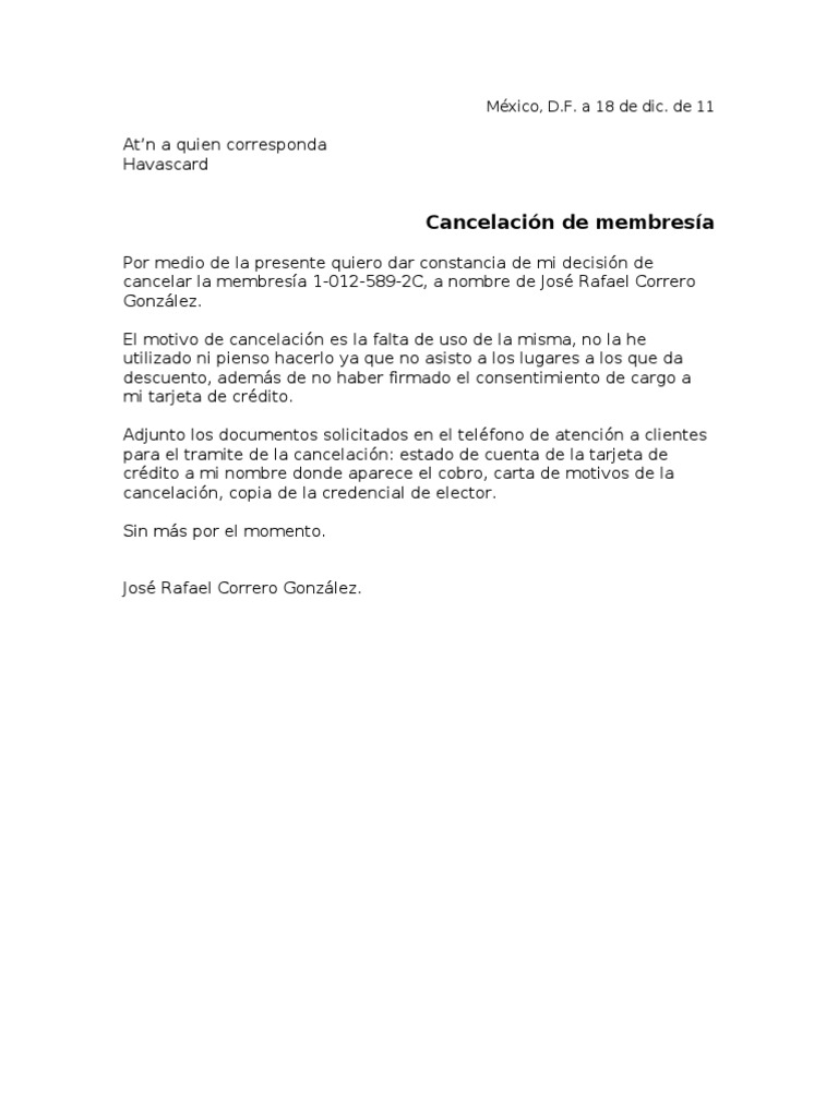 Carta Motivos de cancelación