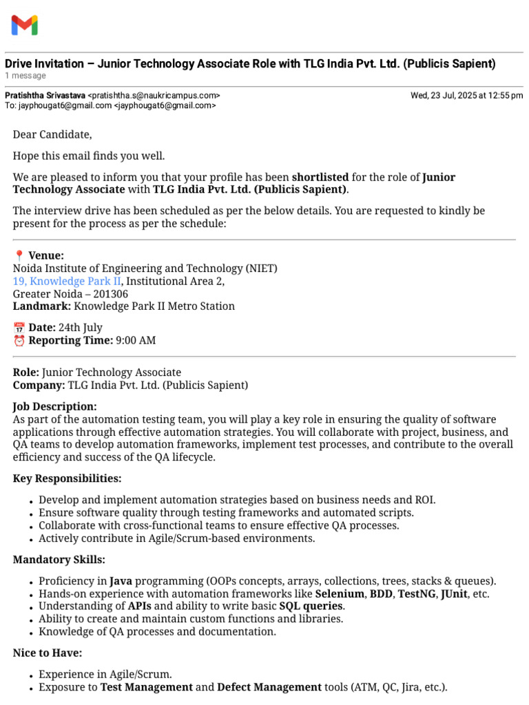 Gmail - Drive Invitation - Junior Technology Associate Role With TLG ...