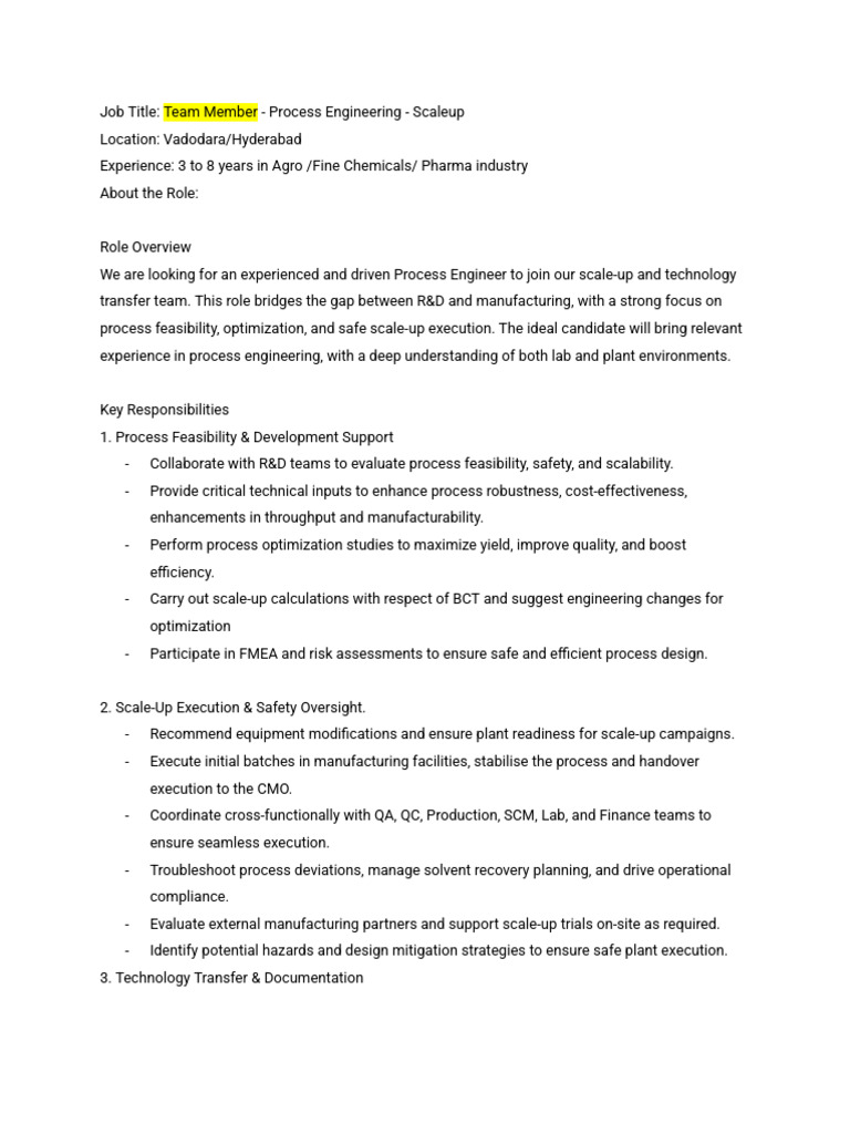 Process Engineer Role in Scale-Up Engineering | PDF | Safety | Engineering
