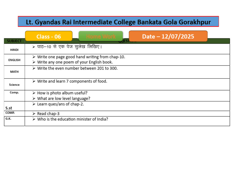 Class 6 Homework Assignments Guide | PDF