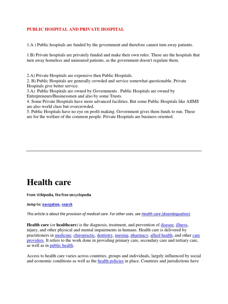 Health Care: Public Hospital and Private Hospital | PDF | Primary Care ...