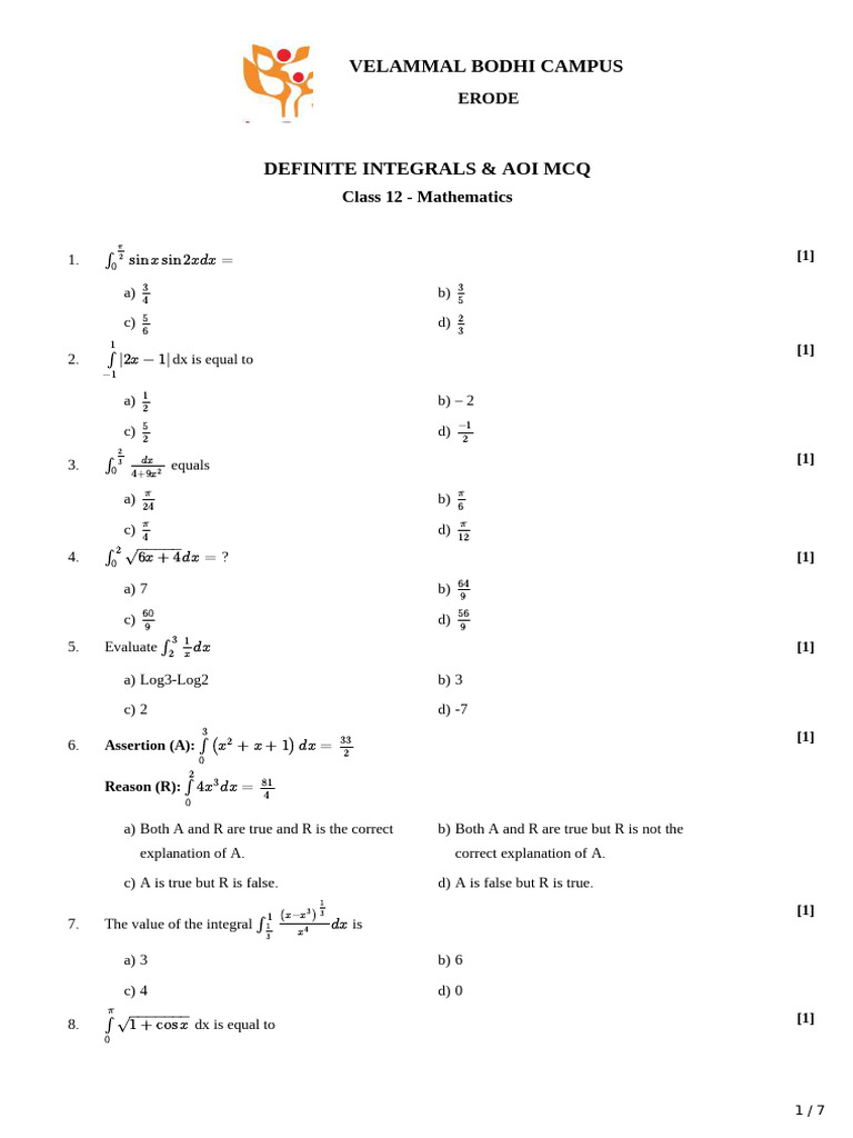 Class 12 Mathematics: Definite Integrals MCQs | PDF | Area | Mathematics