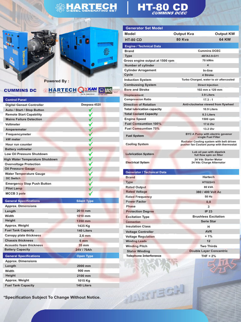 HT-80 CD Generator Specifications | PDF | Electric Generator ...