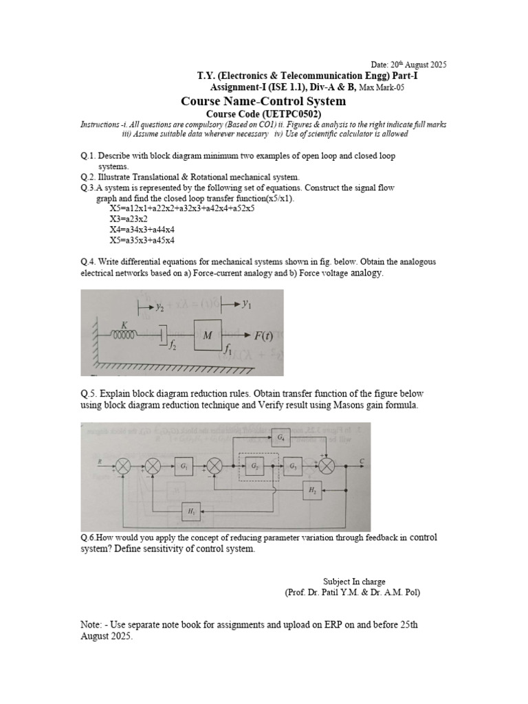 Control Systems Assignment for T.Y. Engineering | PDF