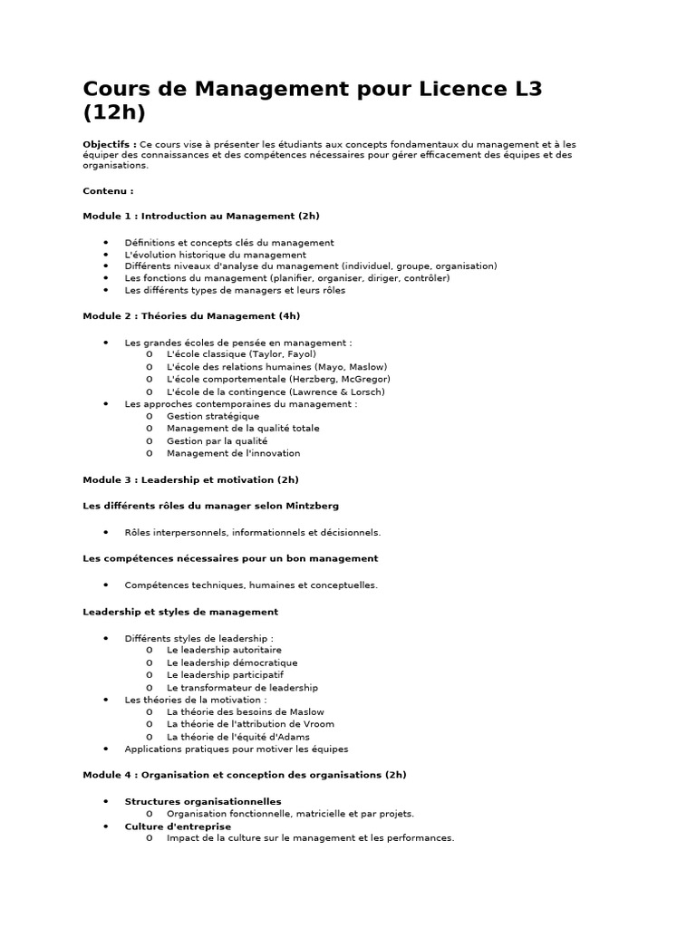 Cours de Management L3: Concepts Clés | PDF | Management de la qualité ...