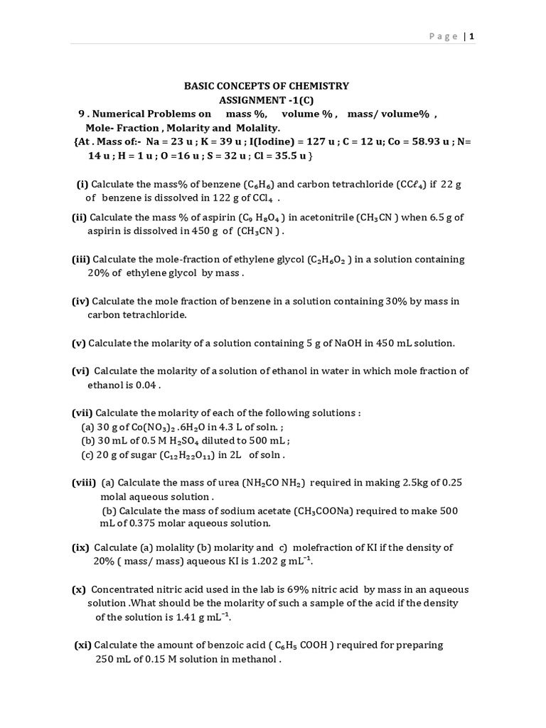 Chemistry Numerical Problems Assignment | PDF | Acid | Molar Concentration