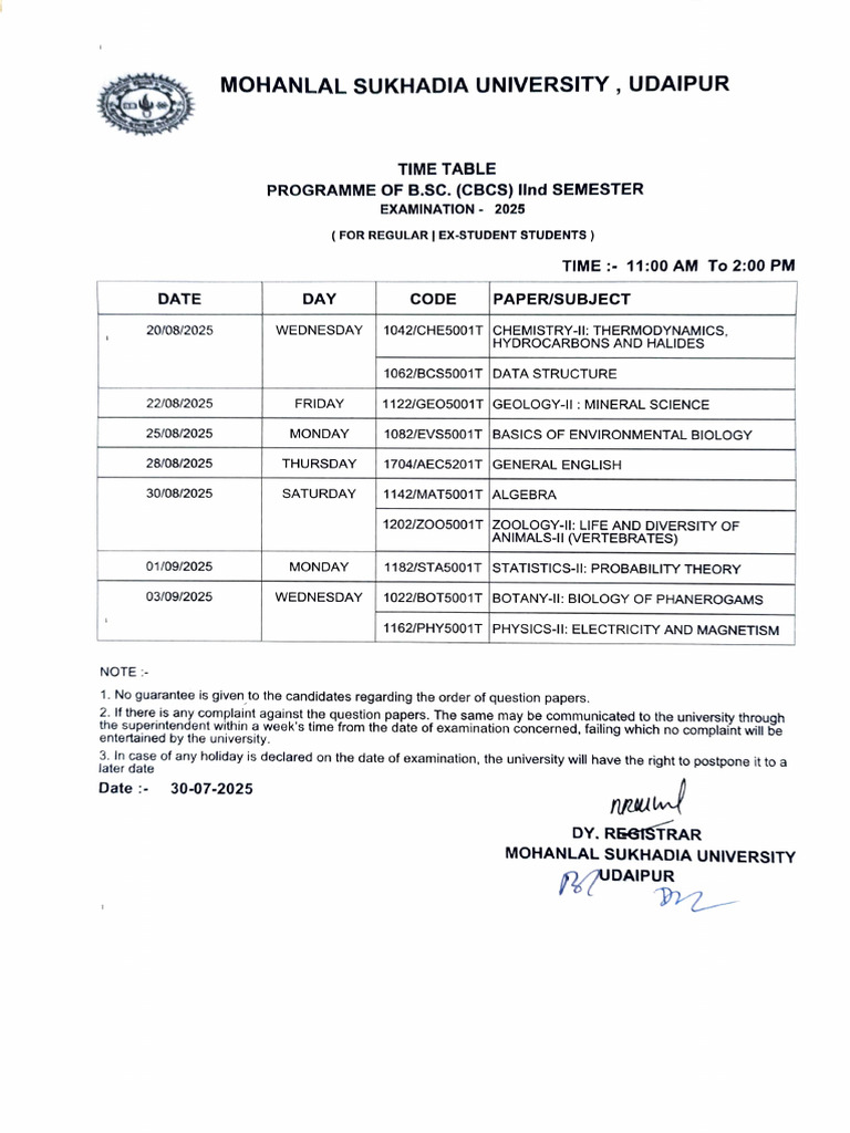 B.Sc. 2nd Semester Exam Timetable 2025 | PDF
