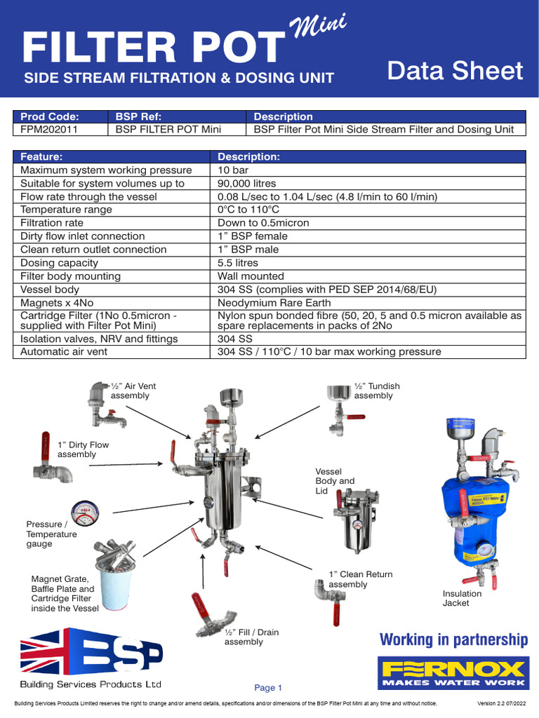 BSP Filter Pot Mini Data Sheet | PDF | Filtration | Water