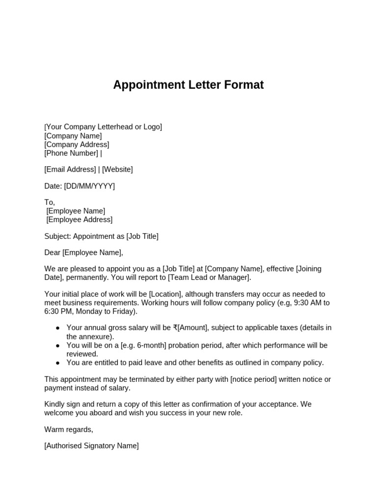 Appointment Letter Template for Employees | PDF