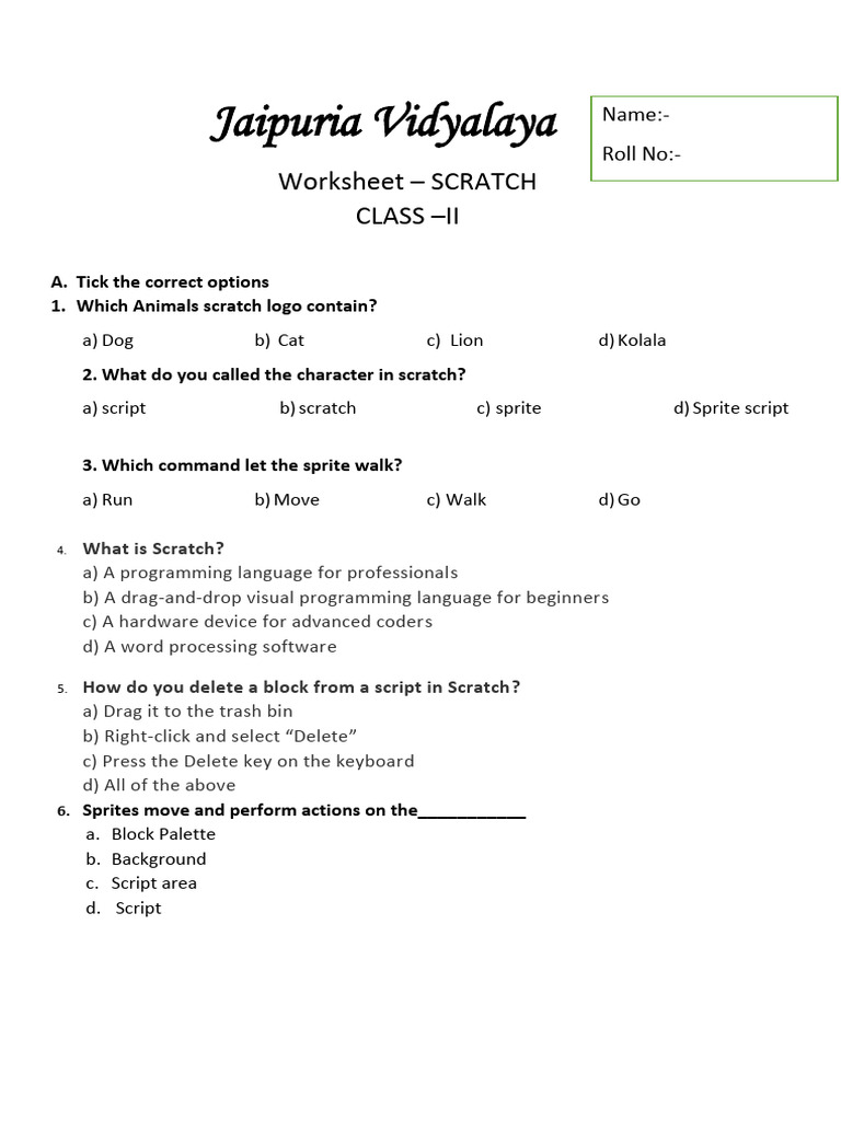 Class 2 Scratch Worksheet Answer Key | PDF