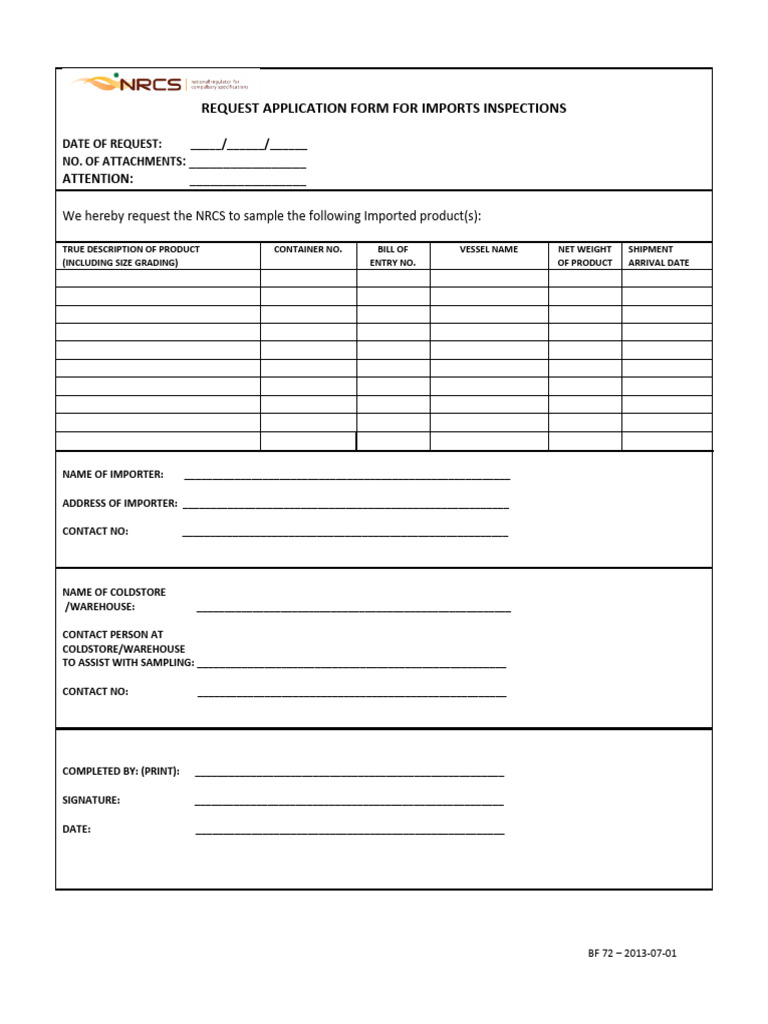 BF 72 Imports Inspection Request - 2013-07-01 | PDF
