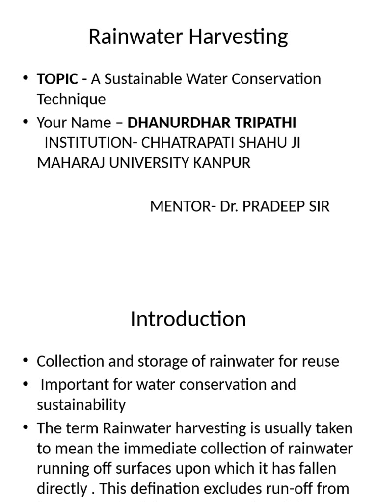 Rainwater Harvesting Presentation | PDF | Water Conservation | Surface ...