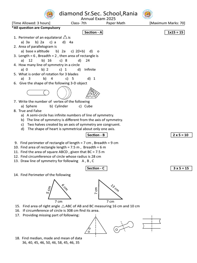 Class 7th Math Annual 2025 A | PDF | Area | Rectangle
