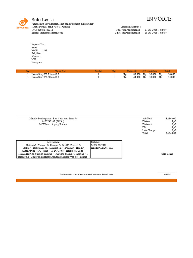 Invoice Sewa Kamera Solo Lensa | PDF