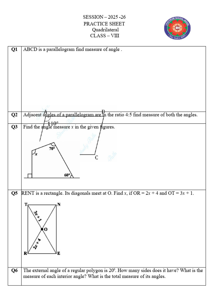 Class 8 Quadrilateral Practice Worksheet | PDF