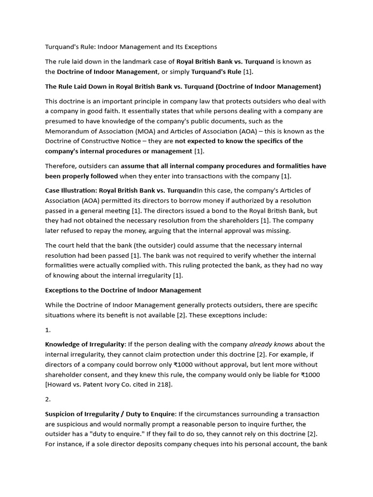 Turquand's Rule: Indoor Management Explained | PDF | Articles Of ...
