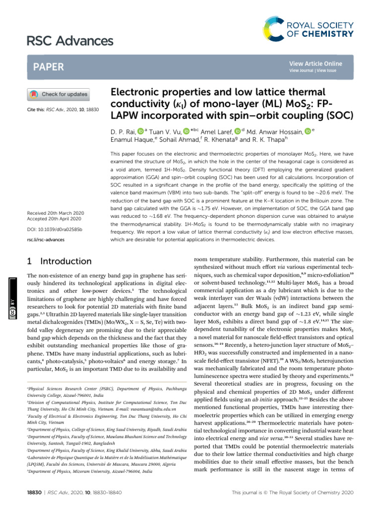 MoS2 Thermal Conductivity Insights | PDF | Phonon | Band Gap