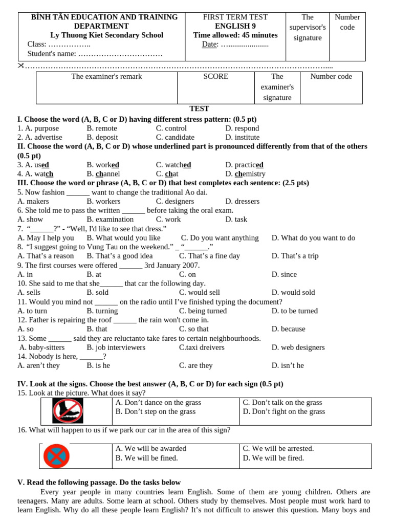 English 9 First Term Test Document | PDF | English Language