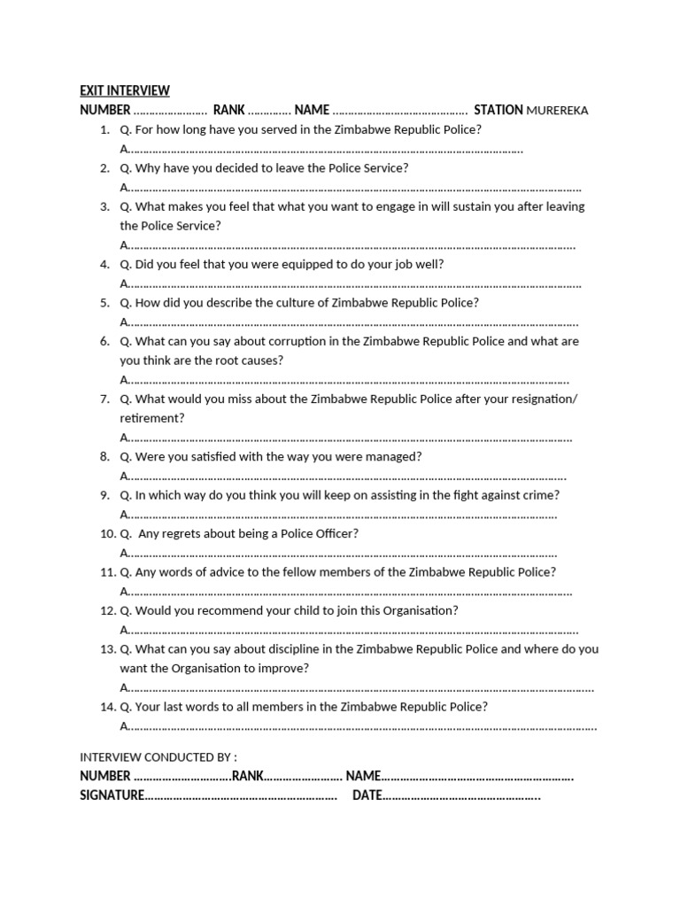 Zimbabwe Police Exit Interview Questions | PDF