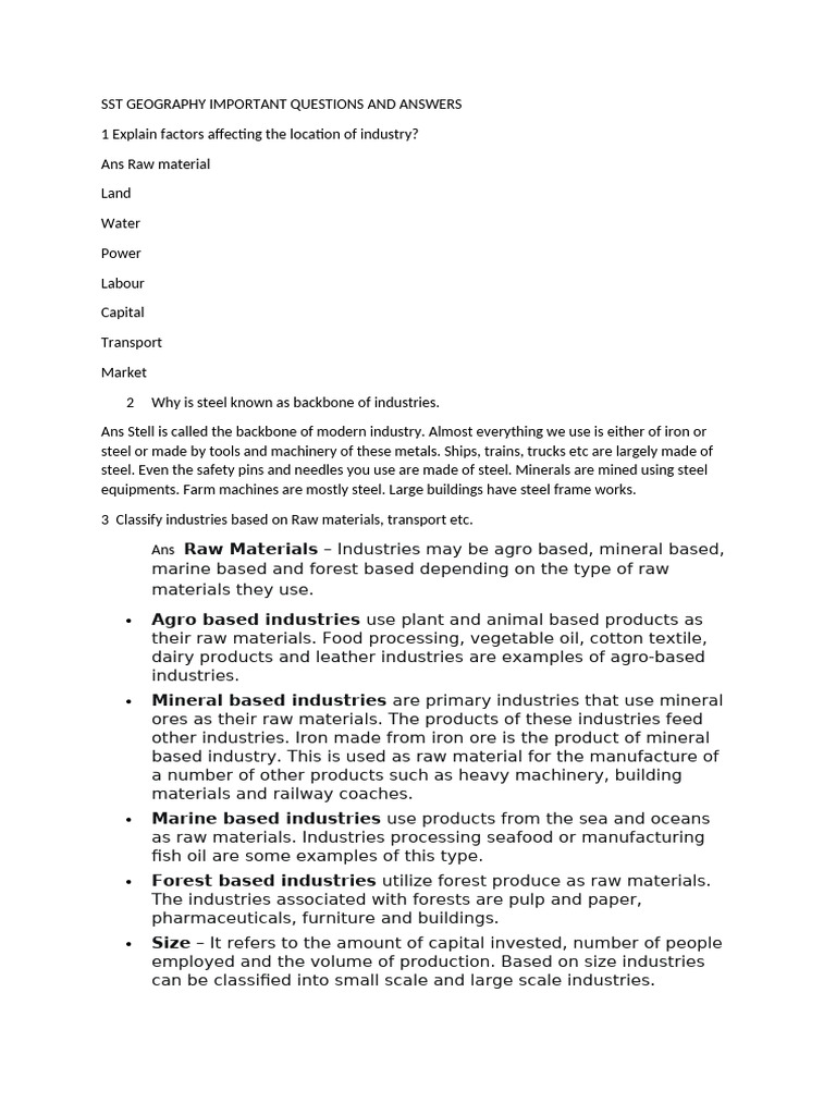 Key SST Geography Questions & Answers | PDF | Agriculture | Farmer
