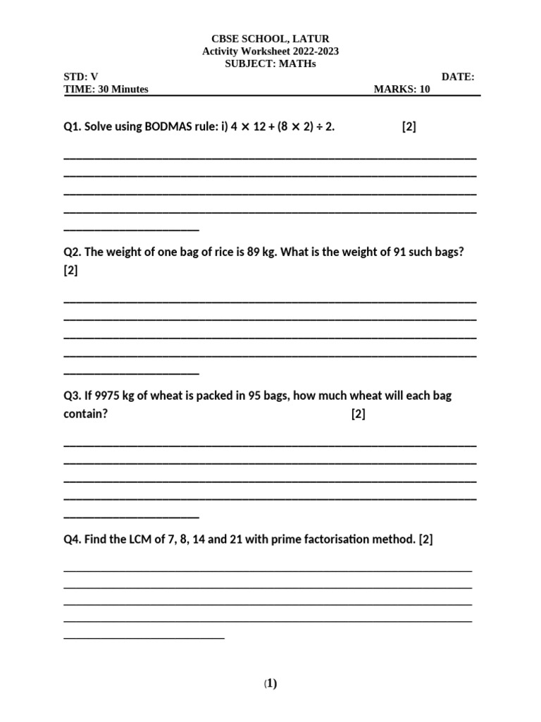CBSE Class V Math Activity Worksheet | PDF