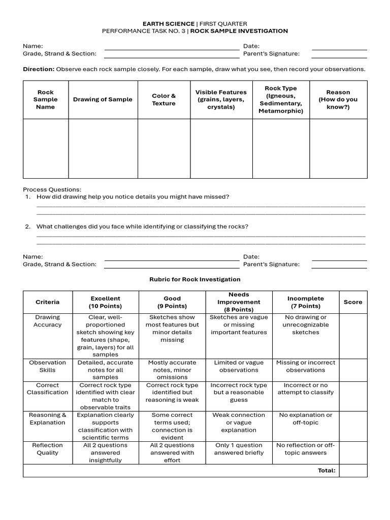 Rock Sample Investigation Guide | PDF | Rock (Geology) | Petrology